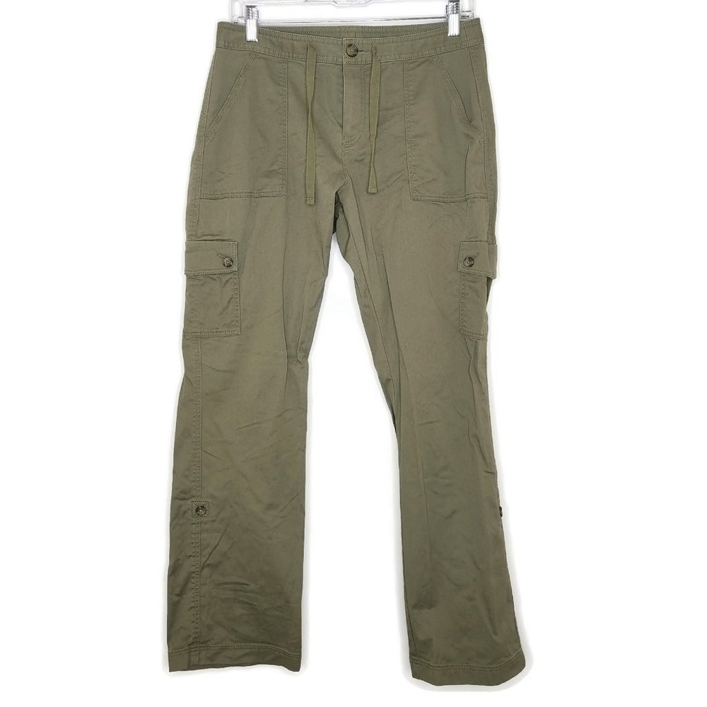 LL Bean Favorite Fit Pants 6 Olive Green Cargo Drawstring Zip Roll Tab Legs